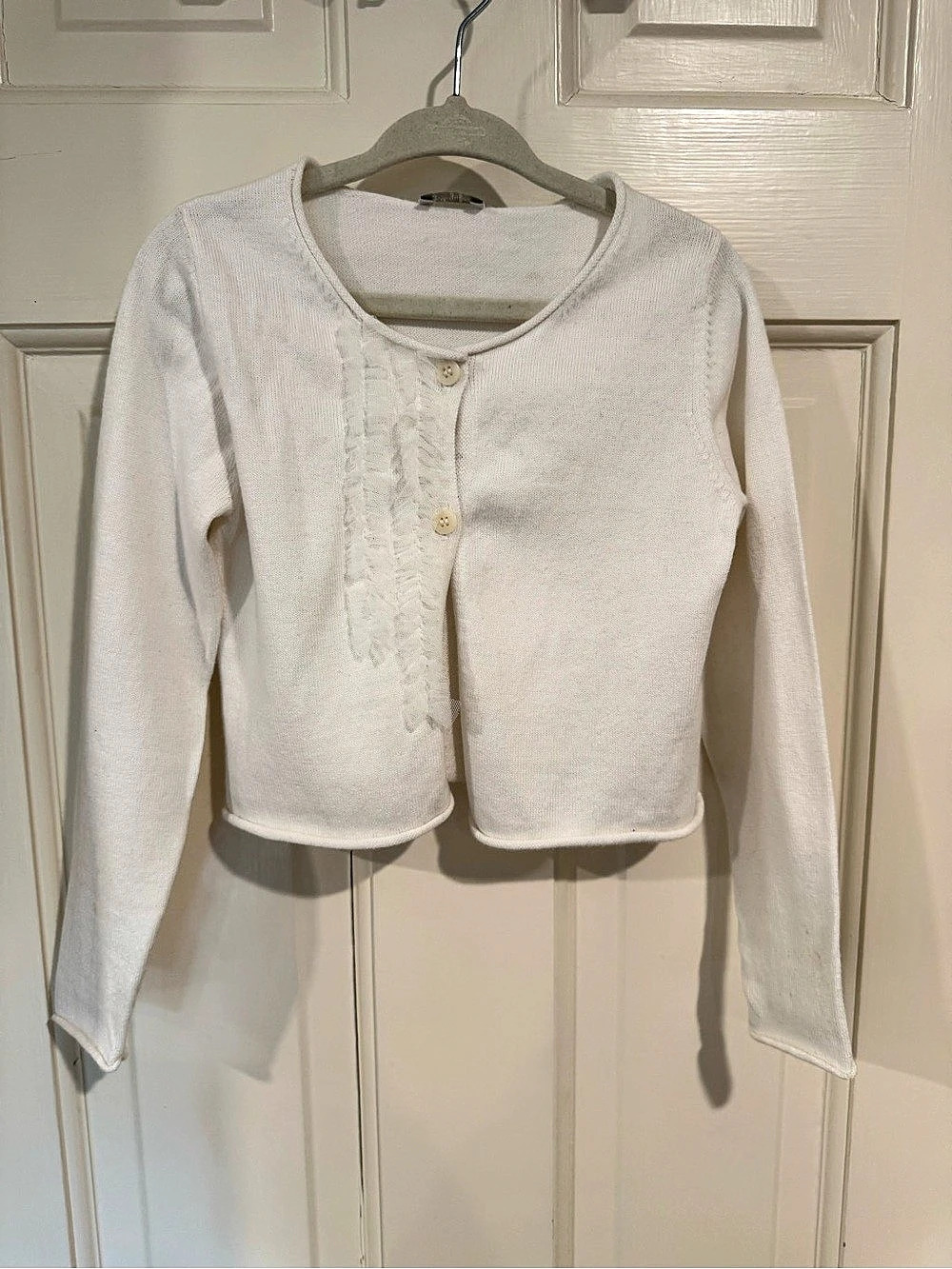 Il Gufo Cotton Cardigan in White with Tulle Ruffle and Rolled Hem